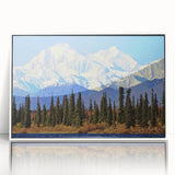 Acrylic print of a serene Alaskan landscape, featuring muted gray and blue tones.
