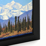 Extra large framed canvas featuring a textured black background with a vibrant, colorful Alaskan scenery.