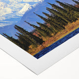 Art deco poster of Alaska scenery in muted blue and white tones on rolled canvas, suitable for dining room wall art.