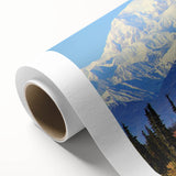 Art deco poster of Alaskan scenery with muted earth tones on rolled canvas, ideal for nursery wall art.