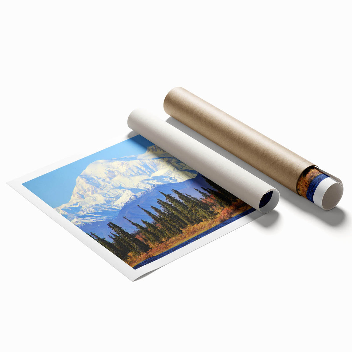 Scenic Alaska landscape on a rolled print, featuring muted earth tones, ideal for classy bathroom or large living room decor.