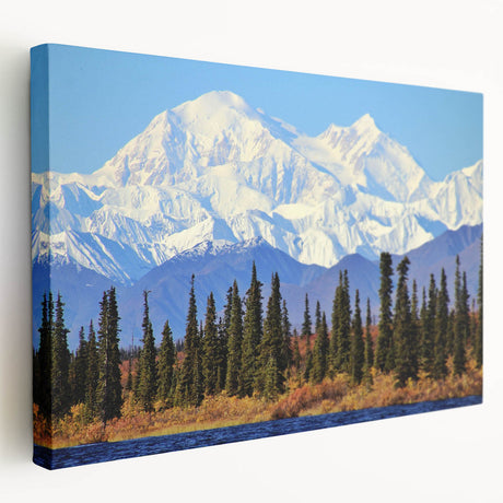 Scenic Alaska landscape on large stretched canvas, featuring snowy mountains and a tranquil lake, ideal for kitchen wall art.