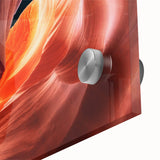 Mid-century modernist large abstract art print of Arizona Antelope Canyon in vibrant orange and red tones on acrylic glass.