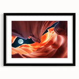 Extra large, colorful abstract art print of Arizona Antelope Canyon on textured canvas, framed in black.