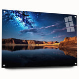 Acrylic print of Lake Powell with vivid blue and orange sunset hues, ideal for dining room decor.