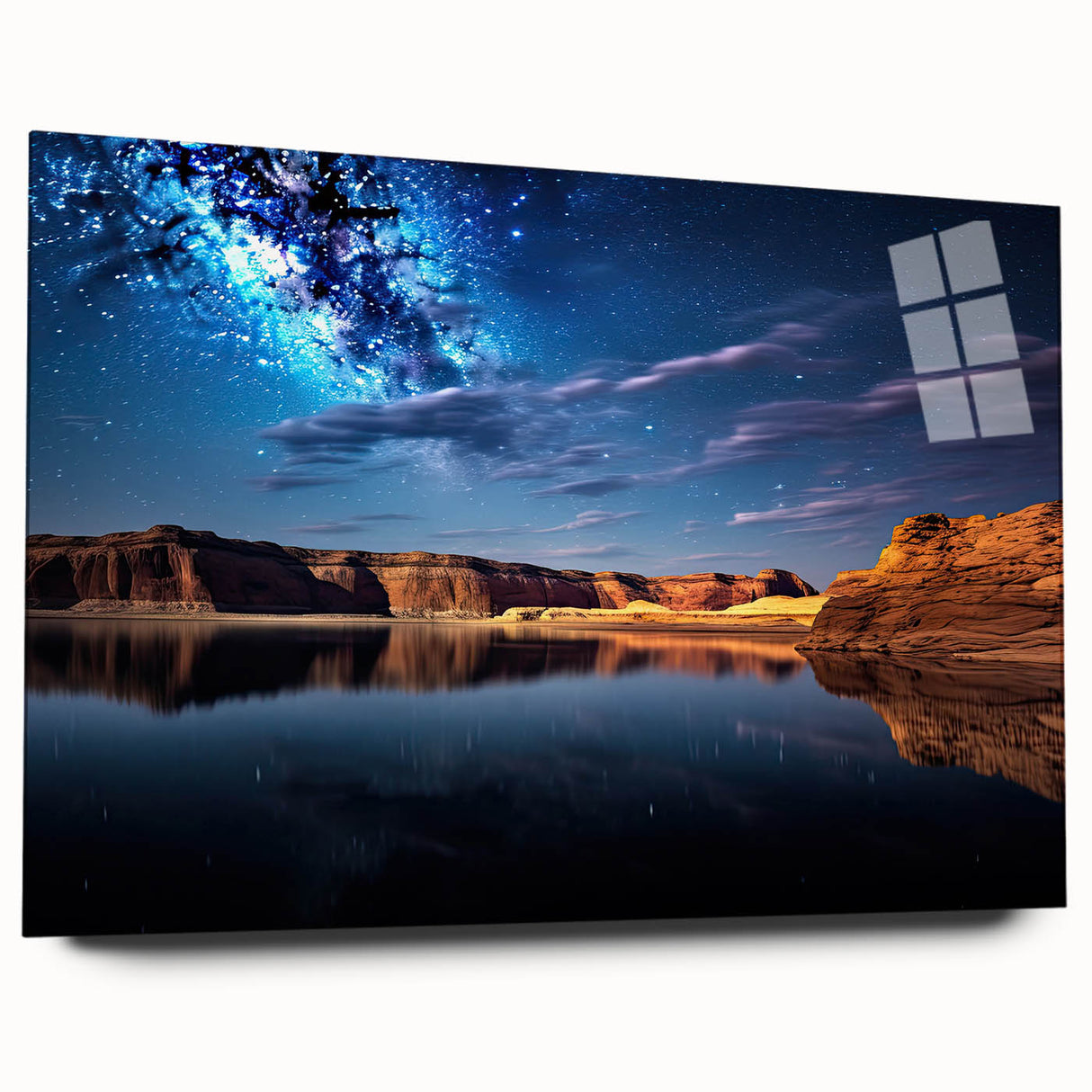 Large abstract wall art of Lake Powell on acrylic glass, featuring blue and orange hues.