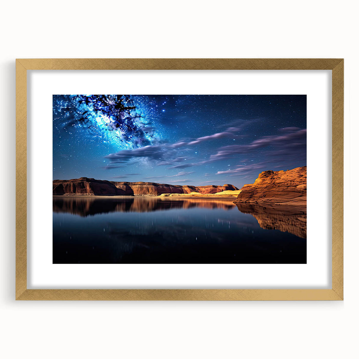 Extra large abstract art print of Lake Powell with textured gold frame, ideal for living room decor.