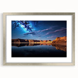 Textured art depicting Lake Powell with abstract design in blue and gray tones on a framed silver mat.