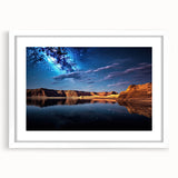 Abstract art print of Lake Powell with muted blue and beige tones, framed with a white mat, suitable for dining room decor.