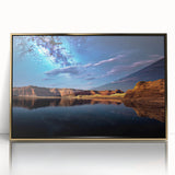 Framed acrylic print of Lake Powell with muted blue and gold tones, ideal for modern art wall decor.