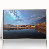 Art deco poster of Lake Powell with muted blue and beige tones on a white framed acrylic, suitable for modern art wall decor.