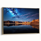 Framed canvas depicting Lake Powell with gold accents, in muted earth tones, ideal for bedroom wall art.