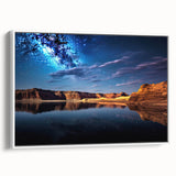 Vintage poster art of Lake Powell on a framed canvas, featuring a color palette of deep blues and vibrant oranges.