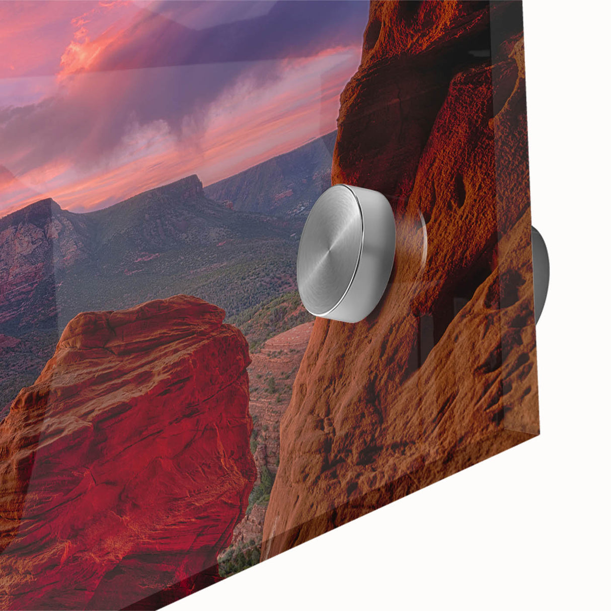 Large abstract depiction of Sedona landscape in muted earth tones on acrylic glass, suited for dining room art.