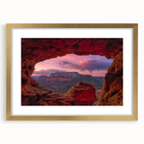 Extra large abstract art print of Sedona landscape in gold frame, featuring textured red and orange hues.