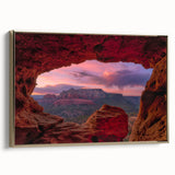 Framed canvas wall art featuring Sedona landscape in muted earth tones, ideal for bedroom decor.