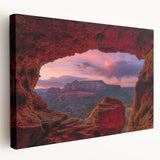 Red rock formations of Sedona on a stretched canvas, in warm earth tones, suitable as large kitchen wall art.