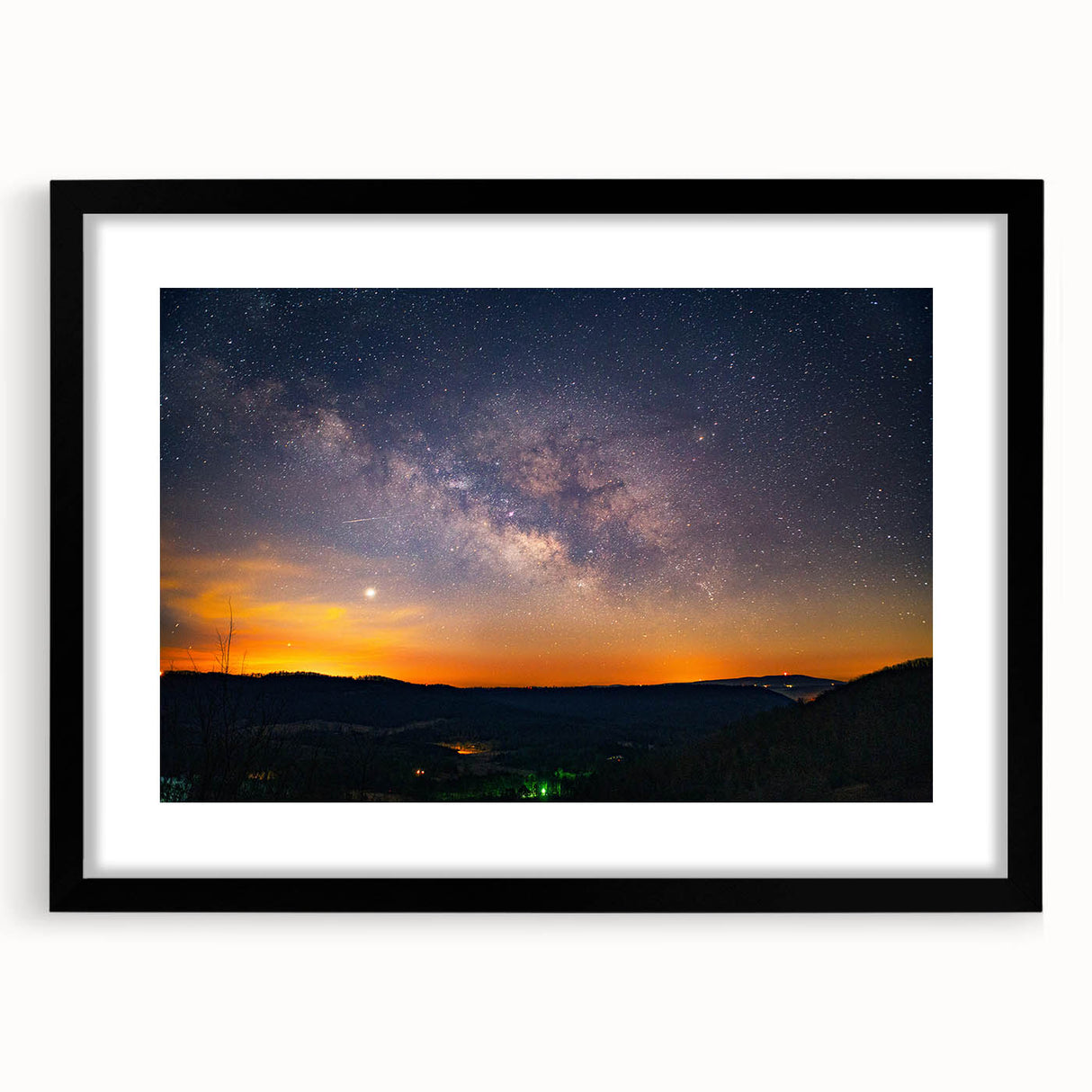 Extra large abstract art print of a colorful, textured Arkansas scenery on a black-framed canvas.