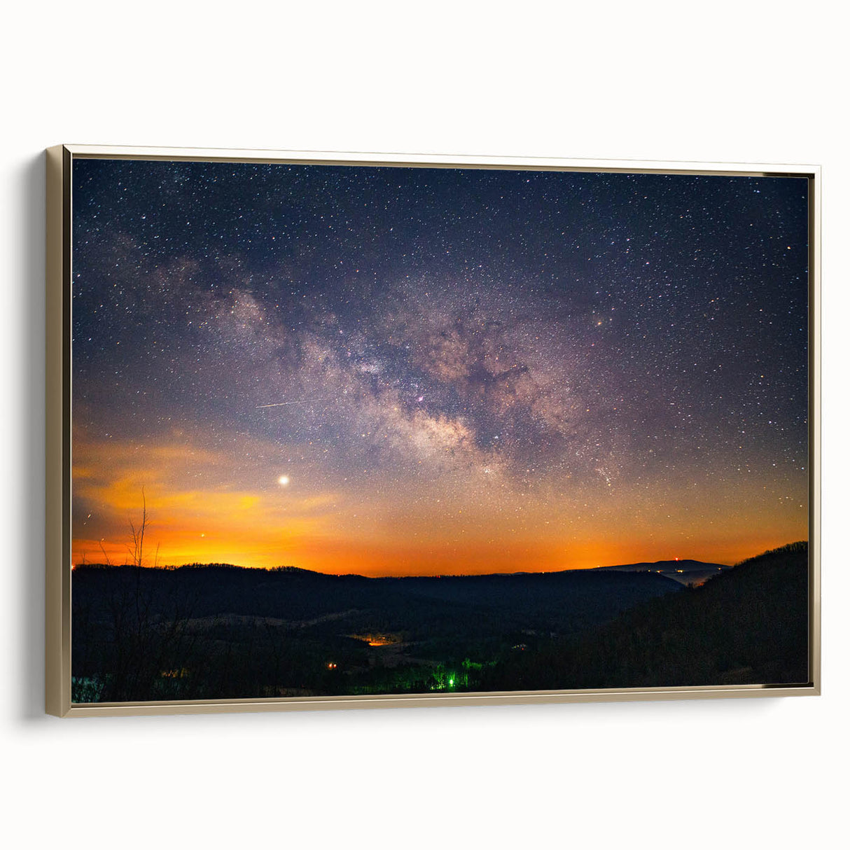 Framed canvas depicting a vintage-style Arkansas landscape in muted gold and black tones, ideal for bedroom decor.