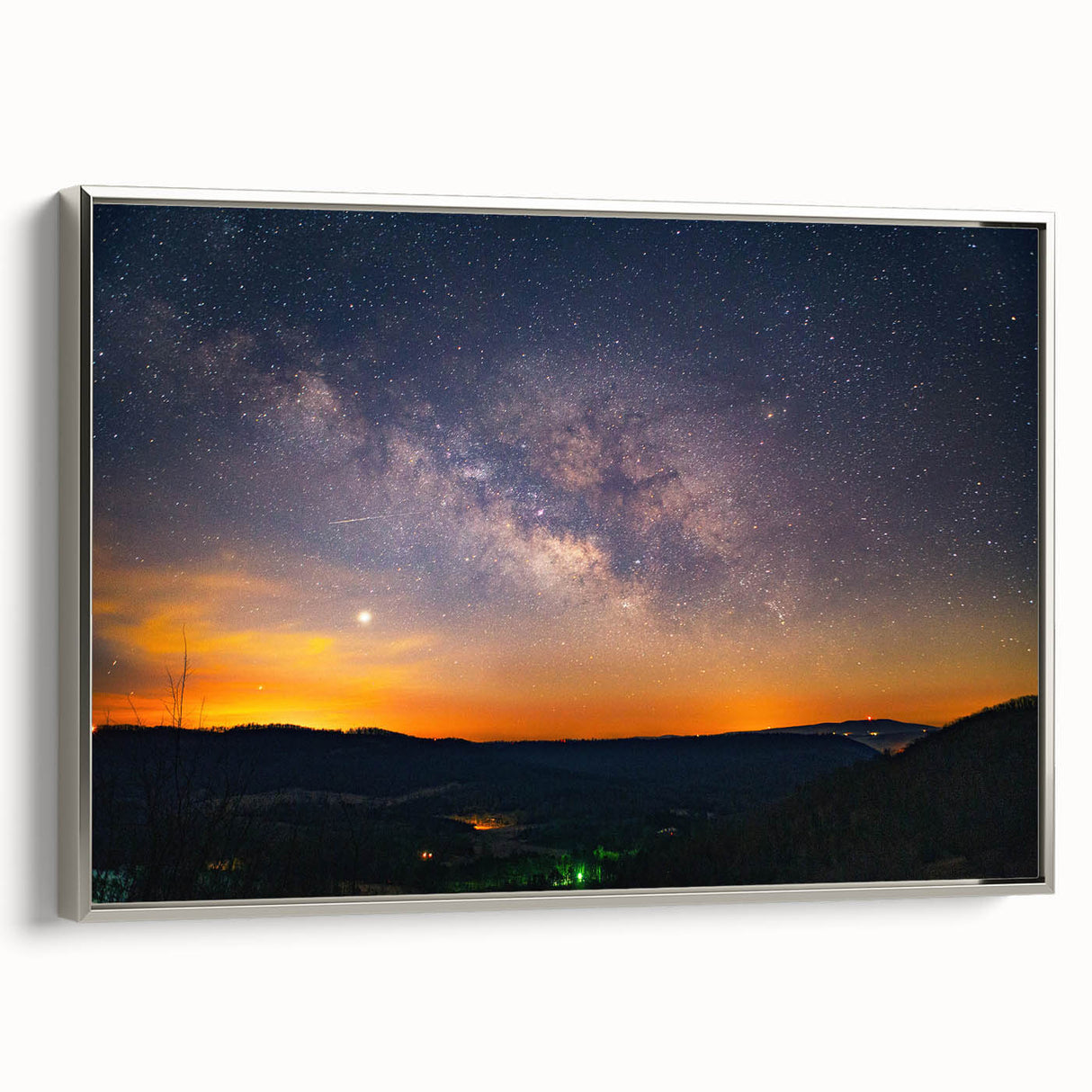 Landscape art painting of an Arkansas scenery on a framed canvas, featuring muted earth tones and a vintage poster style.
