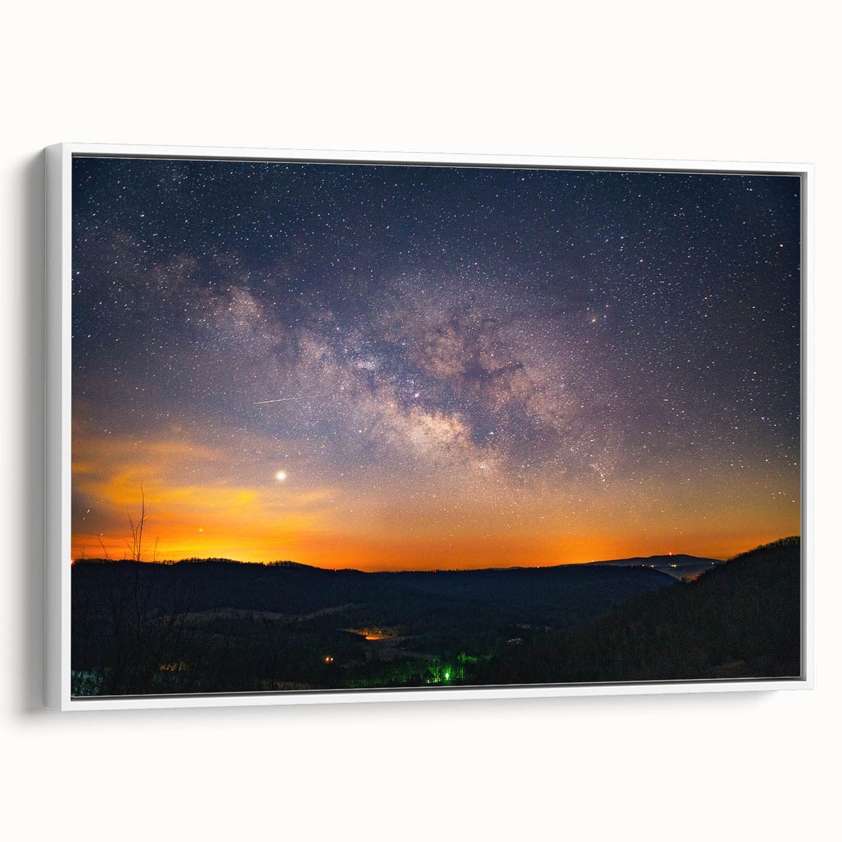 Vintage poster art of Arkansas scenery on a framed canvas, featuring vibrant colors, ideal for living room decor.