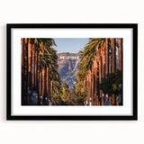 Extra large colorful abstract art print of Beverly Hills scenery on textured canvas, framed in black.