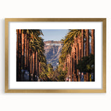 Extra large abstract art print of Beverly Hills scenery in textured gold frame, ideal for living room decor.