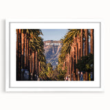 Abstract art print of Beverly Hills scenery in muted blue and green tones, framed with a white mat.