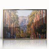 Mid-century modernist art of Beverly Hills scenery in muted gold tones, framed acrylic, ideal for modern art wall decor.