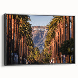 Black and white framed canvas of Beverly Hills landscape in vintage poster style, ideal for bedroom decor.