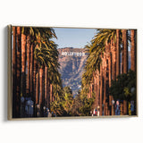 Framed canvas of Beverly Hills landscape in vintage poster style with black and gold tones, ideal for bedroom wall art.
