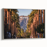 Framed canvas landscape art painting of Beverly Hills with colorful vintage poster art style.