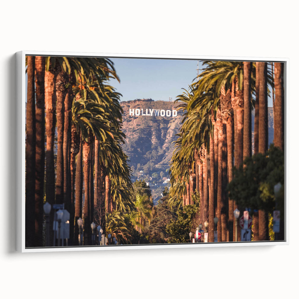 Vintage poster art of Beverly Hills with colorful accents on a white framed canvas, ideal for living room decor.