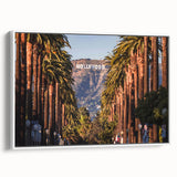 Vintage poster art of Beverly Hills with colorful accents on a white framed canvas, ideal for living room decor.