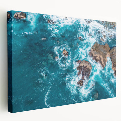 Large canvas print of Big Sur coastline with muted blue and green tones, suitable for kitchen wall art.