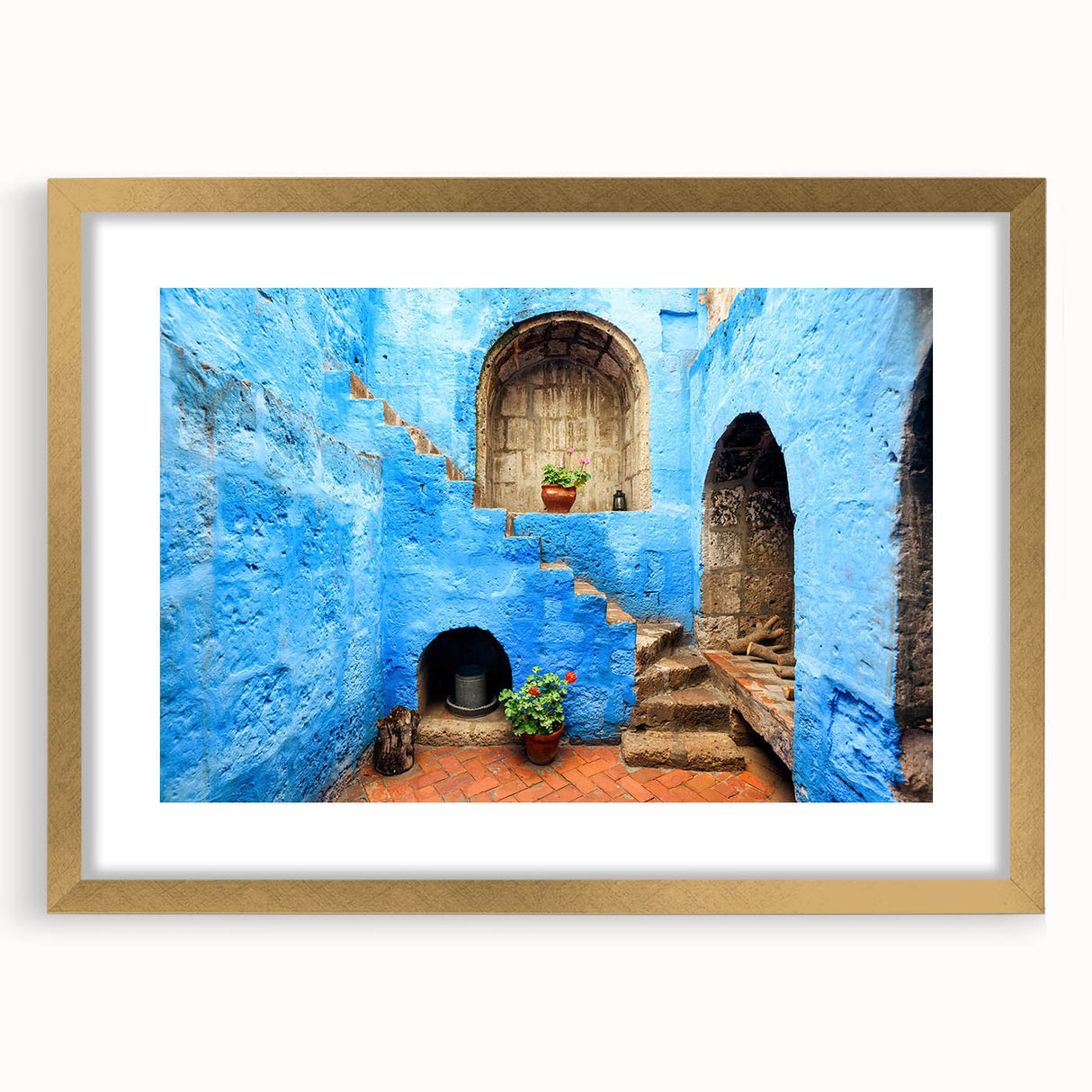 Extra large abstract art print of Catalina scenery in textured gold frame, ideal for living room decor.