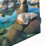 Large abstract wall art of Lake Tahoe in muted blue and green tones on acrylic glass, ideal for dining room ambiance.