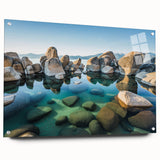 Acrylic glass print of Lake Tahoe with vivid blue and green tones, ideal for dining room or bedroom decor.