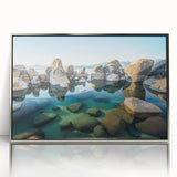 Mid-century modernist art depicting Lake Tahoe with cool blue and green hues on a silver-framed acrylic print.