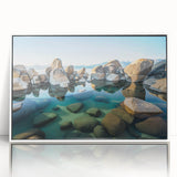 Art deco poster of Lake Tahoe with muted blue and green hues on framed acrylic, suitable for modern nursery decor.