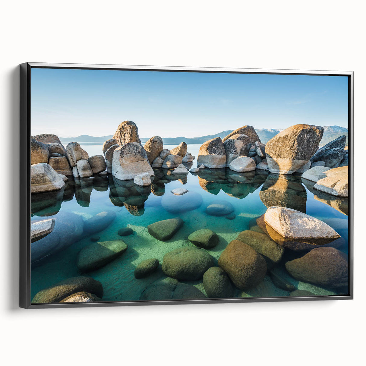 Black and white framed canvas of Lake Tahoe landscape, ideal for bedroom wall art in vintage poster style.