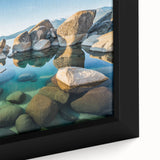 Extra large framed canvas of Lake Tahoe with textured, colorful art on a black background, ideal for living room decor.