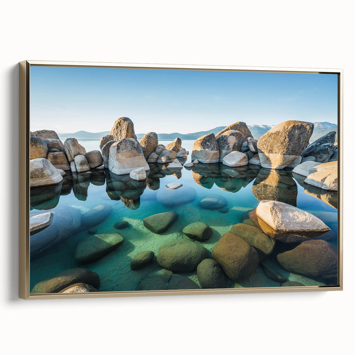Framed canvas of Lake Tahoe landscape in muted blues and greens, ideal for bedroom wall art.