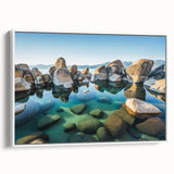 Vintage poster art of Lake Tahoe in a white framed canvas, featuring a colorful palette, ideal for living room decor.