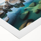 Art deco poster of Lake Tahoe with vivid blue and green tones on a rolled canvas, suitable for dining room decor.