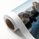 Art Deco style poster of Lake Tahoe on rolled canvas, featuring muted blue and green tones, ideal for nursery wall art.