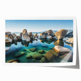 Scenic Lake Tahoe landscape on rolled canvas with muted blues and greens, ideal for art wall dining room.