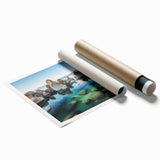 Extra large rolled print of Lake Tahoe with muted blue and green tones, ideal for classy bathroom decor.