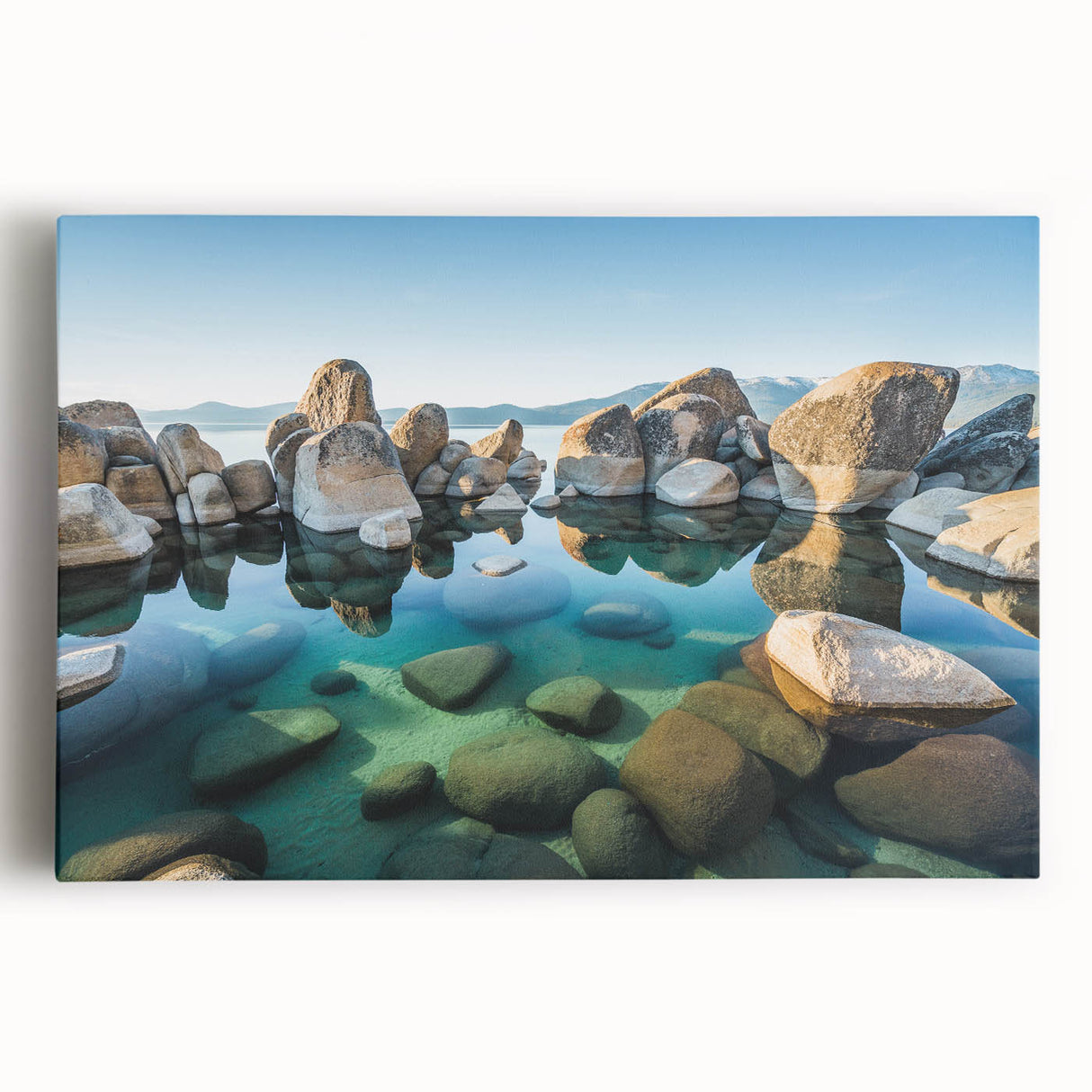 Black and white photo of Lake Tahoe on stretched canvas, ideal for kitchen wall art.