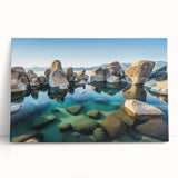 Black and white photo of Lake Tahoe on a stretched canvas, ideal for kitchen wall art or bedroom ambiance.